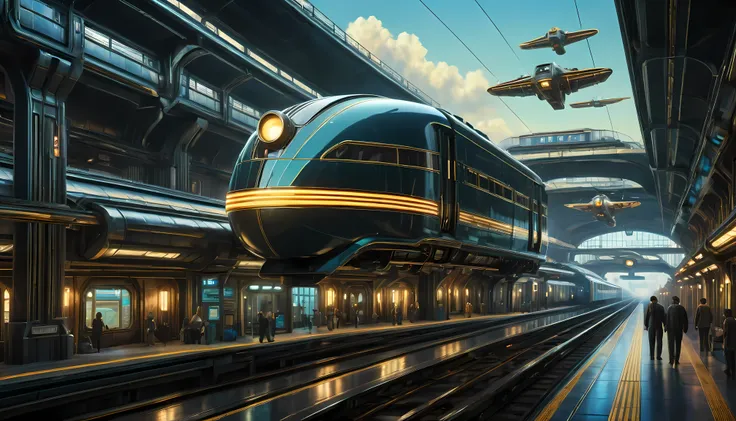 art deco style flying train, art deco style science fiction, background is floating train station.

(best quality,4k,8k,highres,...