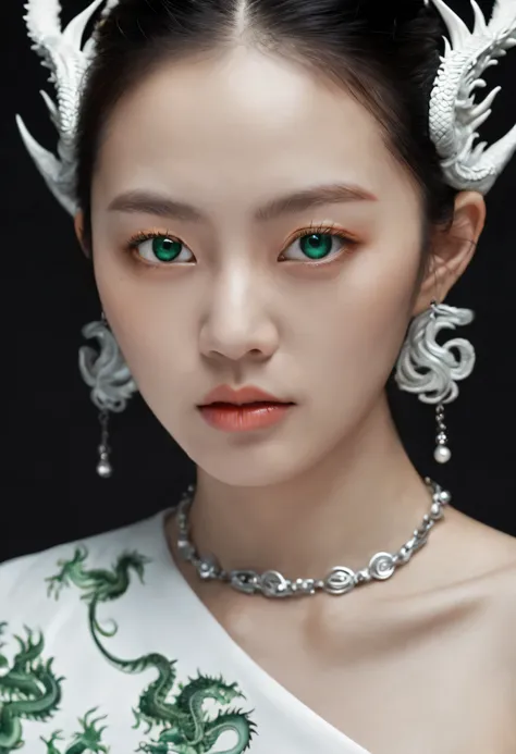 illustration of a very attractive single Asian girl with beautiful emerald detailed eyes in a detailed white dress with dragons on it, she has medium-sized breasts, art brut, polychromatic neon, phantasmagoria, vray, polychromatic noir, hyperrealistic phot...