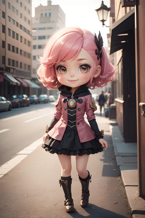 Masterpiece, Best Quality, High Resolution, PVC, Rendering, Chibi, High Resolution, Single Girl, {Aniya|Anya}, Anya Forge, Steampunk Costume, Pink Hair, Bobs Hair, Smiling, Selfish, Chibi, Chased in the City, One-Handed Magnifier, Smile, Smile, Self Justic...