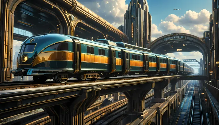 art deco style flying train, art deco style science fiction, background is floating train station.

(best quality,4k,8k,highres,...