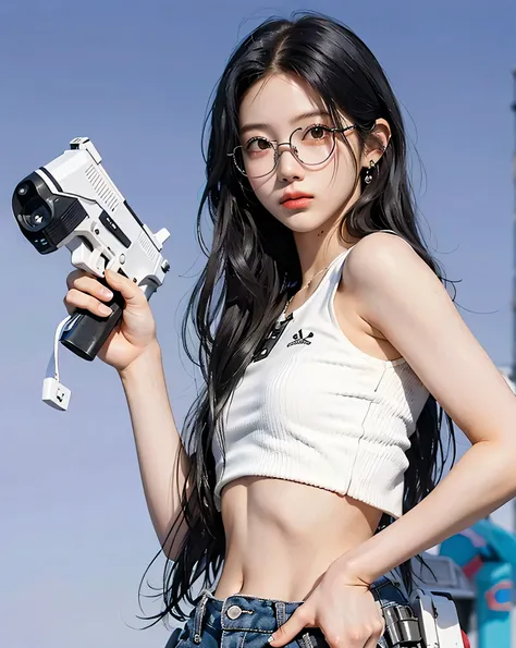 black haired, long hair, wearing white crop top, holding the gun, wearing glasses, (cyerpunk), (masterpiece), (realistic 3d), ul...