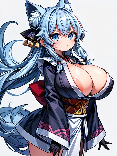 (high fantasy:1.2), (huge tits:1.2), (kemono), (adventurer outfit erotic kimono:1.2), (white background:1.2), (pixiv), (masterpiece),