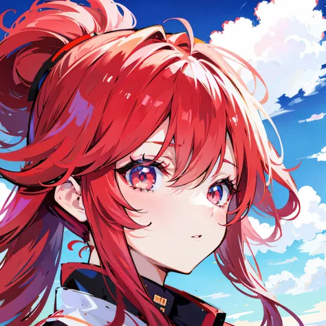 portrait anime girl, red hair, clouds background