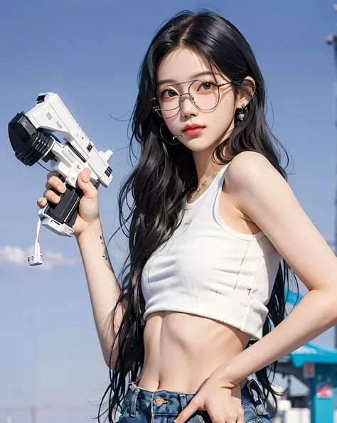 black haired, long hair, wearing white crop top, holding the gun, wearing modern glasses, little smile, (cyerpunk), (masterpiece), (realistic 3D), ultra detail