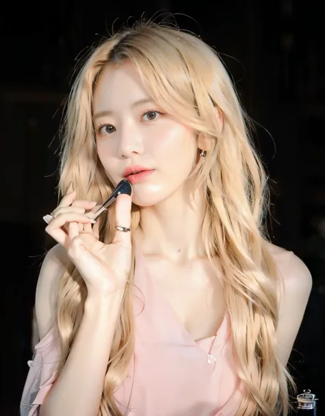 blond woman con pelo largo y rubio holding a lipstick in her mouth, parque roseanne de blackpink, maquillaje popular de corea del sur, maquillaje coreano popular, jinyoung shin, Lalisa Manoban de Blackpink, ulzzang, Lalisa Manobal, pale skin curly blonde h...