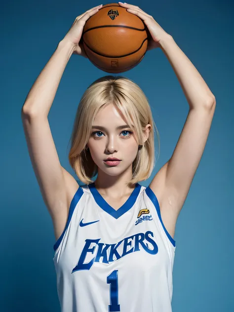 1 girl, blonde hair, blue eyes, Medium hairstyle, armpit, basketball jersey, basketball court 