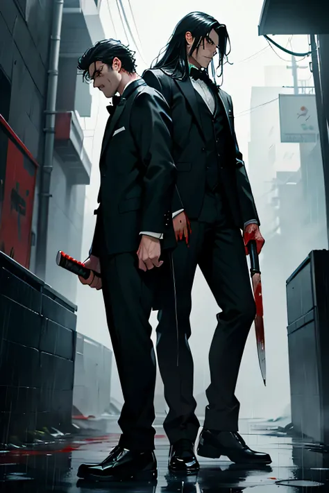 two man in pure black tuxedo drenched in blood all over their body standing in heavy rain.one man is having long hairs and a tall height with a bulky physique and is holding a large knife in his hand that too is drenched in blood . the other man is standin...