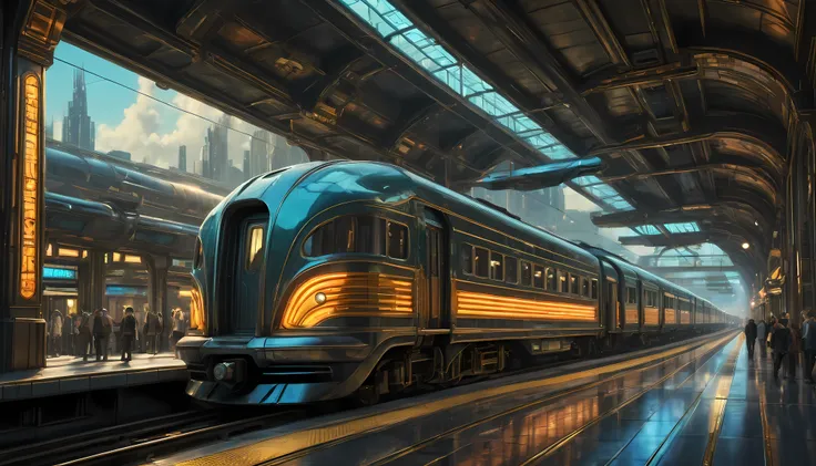 art deco style flying train, art deco style science fiction, background is floating train station.

(best quality,4k,8k,highres,masterpiece:1.2),ultra-detailed,(realistic,photorealistic,photo-realistic:1.37),HDR,UHD,studio lighting,ultra-fine painting,shar...