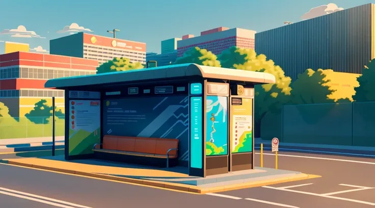 isometric style，120 degrees accurate，poly art，by the road，there is a bus stop，there are a lot of billboards, three digital billb...