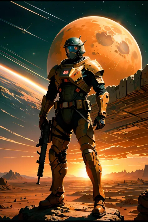 (Masterpiece, Highest Quality), A futuristic soldier, The biggest gun in hand, Confidently standing atop a rock, Amidst the barren desert of Mars, Hyper-realistic, Photorealistic, Extremely detailed,

Textured armor, Sweat glistening on the soldiers brows,...