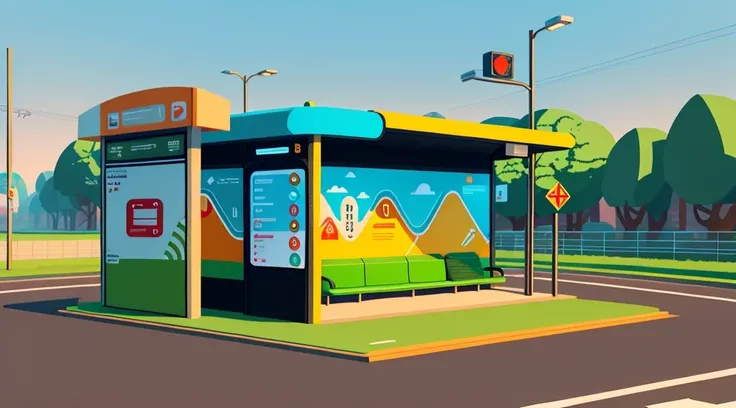 isometric style，120 degrees accurate，poly art，by the road，there is a bus stop，there are a lot of billboards, the three license p...