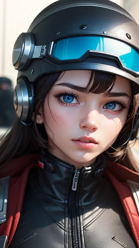 masterpiece,  最high quality, , (alone), 1 girl, look up, dim light, , horizon_(apex legend), goggles, blue eyes, brown hair, gauntlet, shoulder armor,  (Mecha Helmet), (science_fiction), outdoors, street, neon light, cyber punk, masterpiece, 最high quality,...