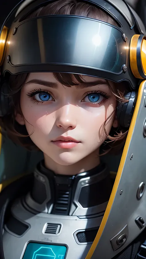 masterpiece,  最high quality, , (alone), 1 girl, look up, dim light, , horizon_(apex legend), goggles, blue eyes, brown hair, gauntlet, shoulder armor,  (Mecha Helmet), (science_fiction), outdoors, street, neon light, cyber punk, masterpiece, 最high quality,...