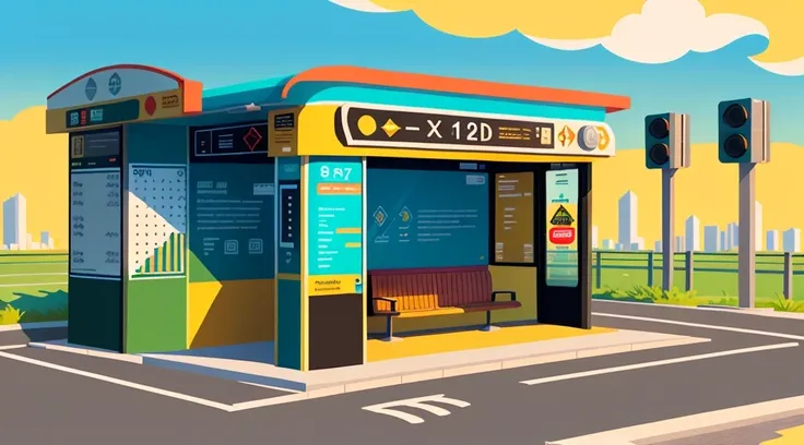 isometric style，120 degrees accurate，poly art，by the road，there is a bus stop，there are a lot of billboards, the three license p...