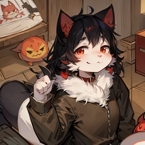 Cat,furry,pair of red devil horns,Bad smile 2D,cute