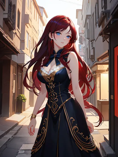 anime picture of a woman with blue eyes dark red hair, In a formal dress, standing in the back of a street, artgerm and atey ghailan, detailed digital anime art, character art, artgerm, digital anime illustration, extremely detailed artgerm, detailed anime...