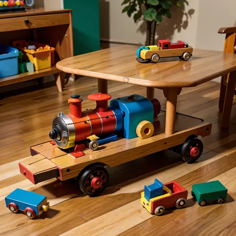 wooden children toy train, made from a few different colors, on a wood table, children room, a lot of toys on the ground