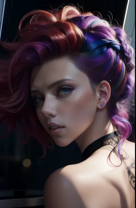 masterpiece, best quality, Scarlett Johansson with rainbow hair, really wild hair, mane