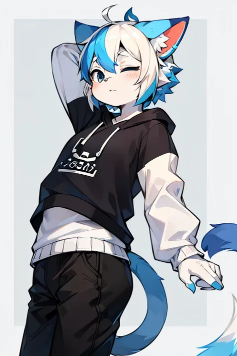 Cat，hairy，furry，bust avatar，Colorful Patterned White Sweatshirt，Black casual pants with white stripes，Q version，cute，Simple art style，Cartoon style，Close eyes，Ears with blue hair and ear tips with white hair，blue hair on back，Tail blue with white tip，