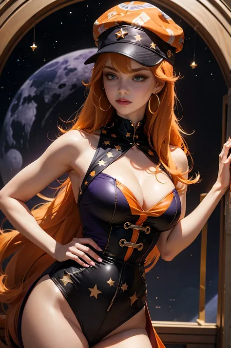 creamy Orange hair , wearing royal purple and black outfit , moons and stars pattern, hoop earring , wearing a cap hat 