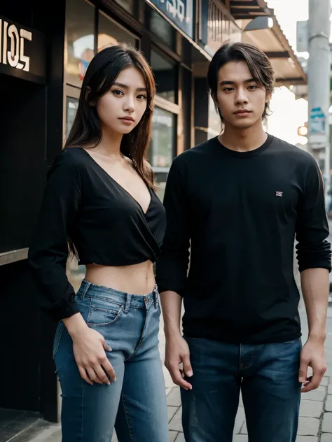 a man and a woman standing next to each other at a tourist spot in indonesia, an image, inspired by Adam Dario Keel, which is trending in the cg community, beautiful young Korean woman dressed in black party dress, jeans, movie screencap, model elisajes fr...