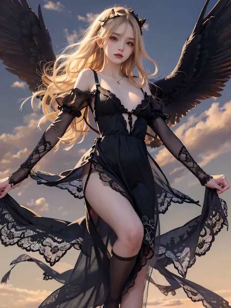 8K, Raw photo, Photorealistic, (Detailed skin, Best Quality:1.2), seductive succubus, (black wings), Teenage Japanese girl with black angel wings flying high in the evening sky, ((black lingerie, black lace dress)), (((flat chest:1.4))), (blonde long hair,...