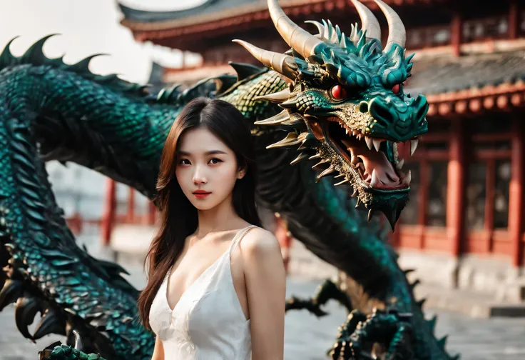 HDR, UHD, 64k, polychromatic neon, phantasmagoria, vray, polychromatic noir, hyperrealistic photo, full body portrait of a very attractive single Asian girl with beautiful emerald detailed eyes in a detailed white dress with dragons on it, she has medium-s...