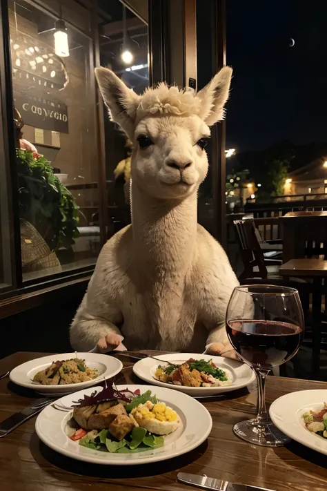 an alpaca animal，Sitting at the table in casual clothes，Enjoying a delicious dinner。The table is full of plates、tableware、food、Two wine glasses and three candlelights。The meal in front of you includes rice、chicken、salad and bottle of red wine。Night view an...