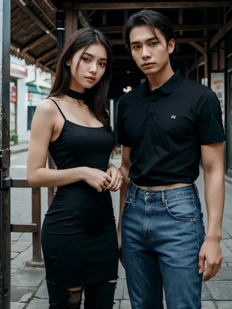 a man and a woman standing next to each other at a tourist spot in indonesia, an image, inspired by Adam Dario Keel black shirt, which is trending in the cg community, beautiful young Korean woman dressed in black party dress, jeans, movie screencap, model...