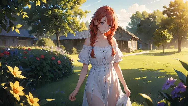 ((masterpiece,best quality,ultra detailed,ultra high res,detailed country yard background)), soft realistic focus, dynamic shadows, realistic image, vibrant colors,light leaks,dreamy atmosphere,chiaroscuro,BREAK 
experimental charm, The girl is depicted in...