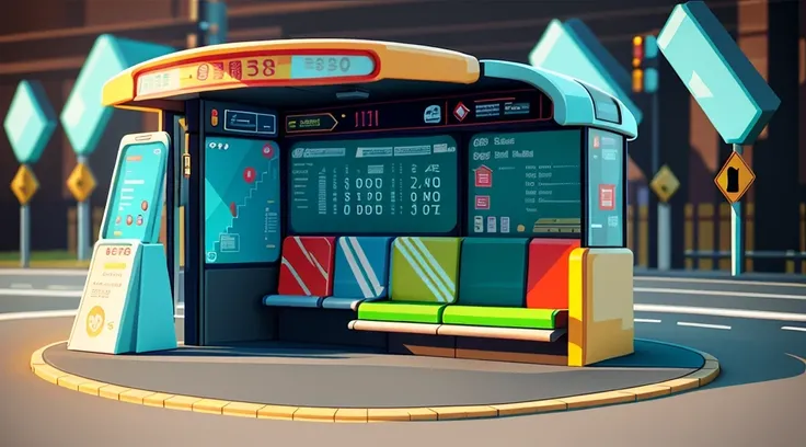 isometric style，120 degrees accurate，poly art，by the road，there is a bus stop，there are many cards, the three license plates in ...