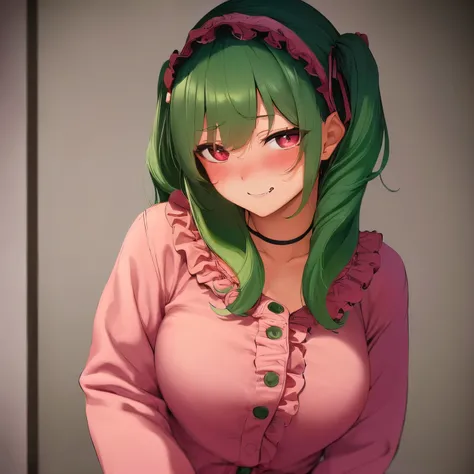 ((best quality)), ((masterpiece)), ((detailed)), perfect face, 1girl, solo, hair_over_one_eye, green_hair, frilled_hairband, frills, smile, closed_mouth, choker, red_eyes, short_hair, cute, blushing, sly, ((pyjamas)), adult, mature, (breasts), showing_unde...