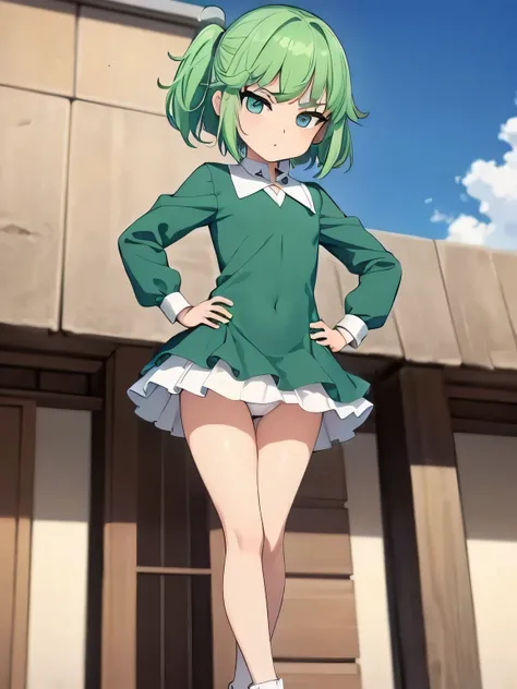 highest quality、ultra high resolution、Professional specifications、green hair,green eyes、cry、(collar),(lead)、((elementary school girl))、((flat chest))、medium hair、((The outline shines))、((stand with hands on hips:1.5))、((From under her feet:1.8))、small ass、...