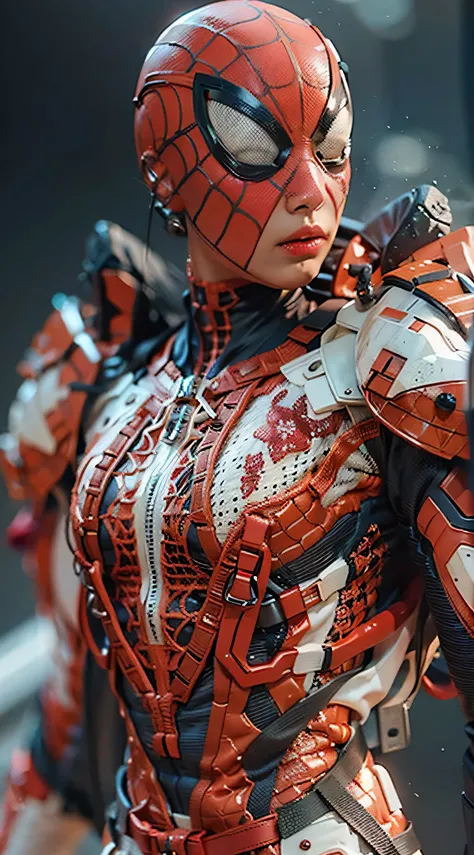 Close-up of Spider-Man in red and white costumes, close up, The Goddess Effect，colorful vivid octane render, cybernetic and highly detailed, created in unreal engine 5, made in unreal engine 5, trending on unreal engine 5, anfas portrait of a mech warrior,...