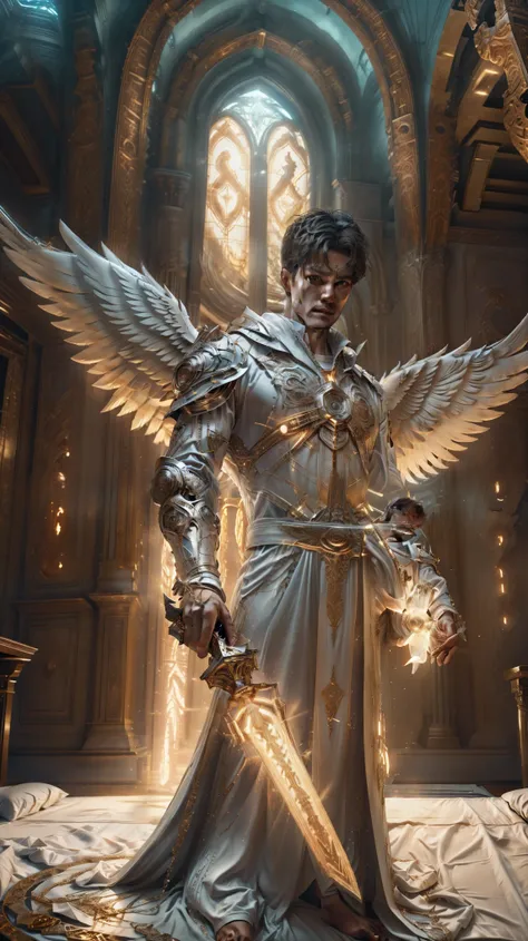 archangel michael another heavenly angels guard in the bedroom of a house, at night, side of someone's bed sleeping, angels stan...