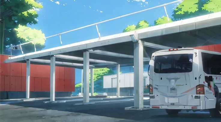 white bus parking in the terminal, makoto shinkai style