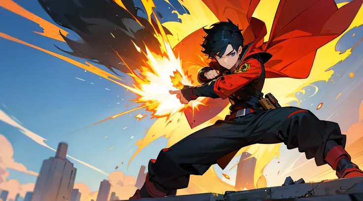 A teenage boy with black hair prepares to fire a massive fireball