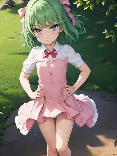 highest quality、ultra high resolution、Professional specifications、green hair,green eyes、cry、(collar),(lead)、((elementary school girl))、((flat chest))、medium hair、((The outline shines))、((stand with hands on hips:1.5))、((From under her feet:1.8))、small ass、...