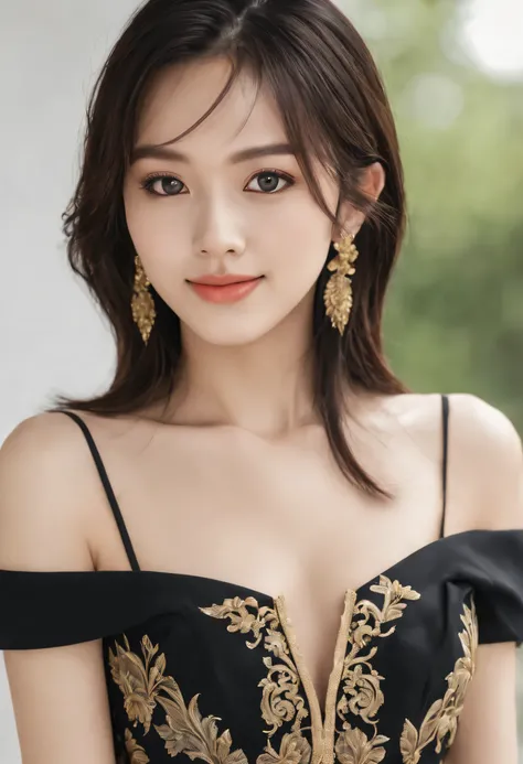 HDR, UHD, 64k, polychromatic neon, polychromatic noir, hyperrealistic photo, full body portrait of a very attractive single Asian girl with beautiful emerald detailed eyes in a detailed black and gold colored dress, she has medium-sized breasts and juicy c...