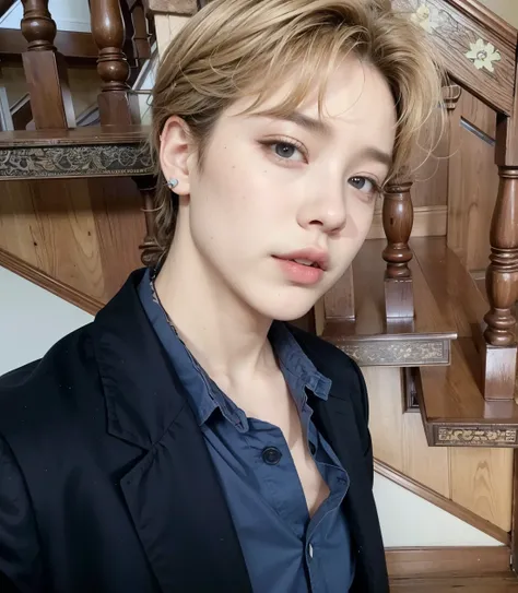 There is a woman standing in front of a staircase, Jiminthe full lips, park Jimin, Jimino nariz grego, Jimin, Jiminthe right eyelid is swollen, accurate Jimin face, Cai Xukun, hyung tae, Jung Jaehyun, handsome androgynous prince, delicate androgynous princ...