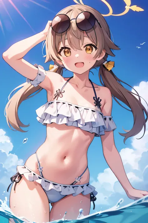 hifumi, brown hair, hair between eyes, hair bow, hair ribbon, halo, long hair, low twintails, sidelocks, twintails, wing hair ornament, (brown eyes:1.5), bikini, collarbone, eyewear on head, frilled bikini, frills, navel, side-tie bikini bottom, sunglasses...