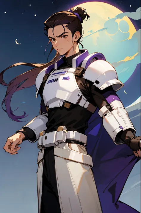 star wars, alien, black shirt, Brown Hair, man bun, brown Eyes, young male, crescent earing, moon background, purple hair tie, staring down, White Armor