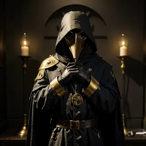 A character design with A plague doctor with a and gold theme