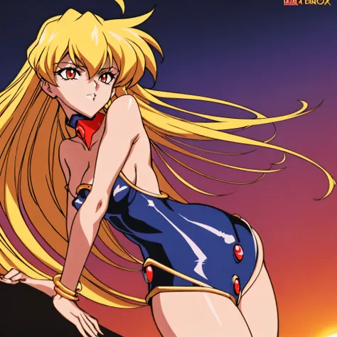  dark fantasy magician girl, goddess of chaos, golden hair and golden clothes, demon girl, inspired by darkstalkers, the afternoon sun behind her, Ambient lighting, flat shading, 90s anime style, inspired by neon genesis Evangelion, inspired by cowboy bebo...