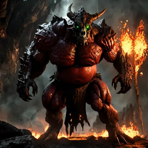 demon, skull, baron of hell, horn, doom (series), full body, portrait, detailed, (red skin), green eye, glowing eye, fire, hell, lava, thick neck, huge muscles, large muscles, red smooth skin, thick pecs, slightly chubby, 80mm, f/1.8, nude, (loincloth), sy...