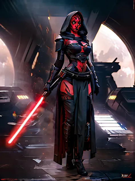 ((armor)), busty, ((red skin), twi'lek), dual red lightsabers, evil space knight, space ninja, (wearing heavy black robes, tunic...