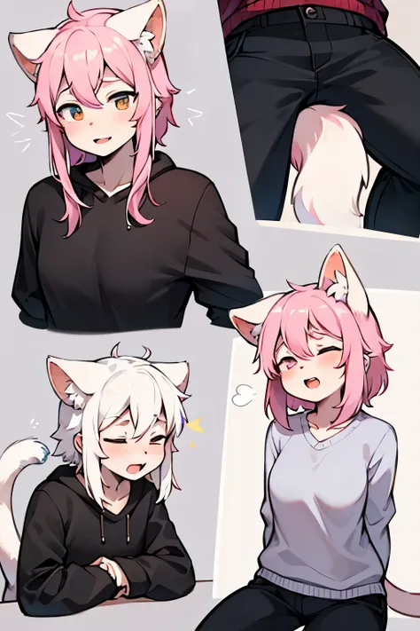 Flower cat，hairy，hairy的，bust avatar，Colorful patterned white sweatshirt，black casual pants，white stripes，Q version，Lovely，Minimalist art style，cartoon style，close eyes，yawn，tension，ears pink hair, White hair on the tip of the ear，pink hair behind，The tail ...