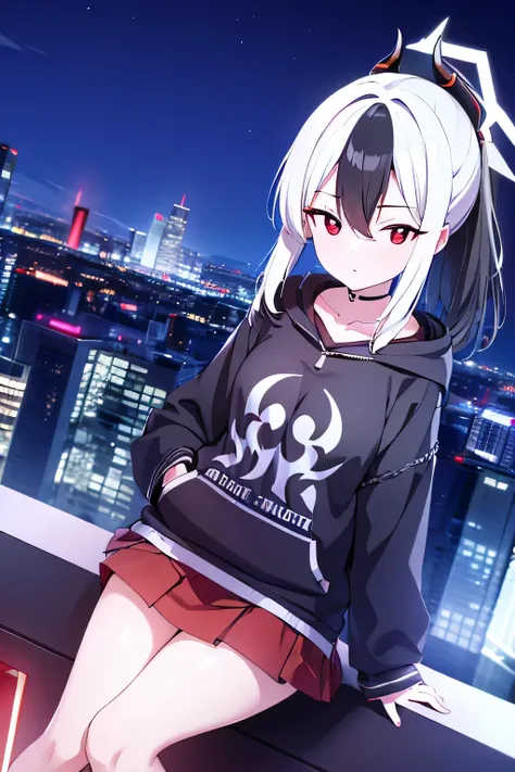 kayoko onikata, black hair, demon horns, hair between eyes, halo, horns, long hair, low wings, mole, mole on collarbone, multicolored hair, ponytail, (red eyes:1.5), single wing, two-tone hair, white hair, wings, black ponytail, black hoodie, choker, hood,...