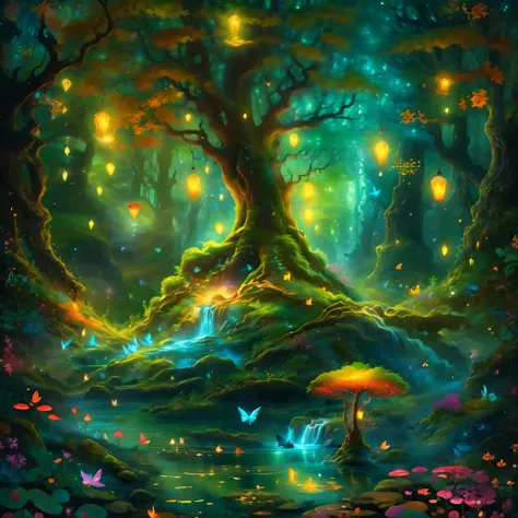 digital art whimsical forest,autumn leaves,fairy goddess,blue glowing spells,fantasy colors,magic tree,glowing fog,magical creat...