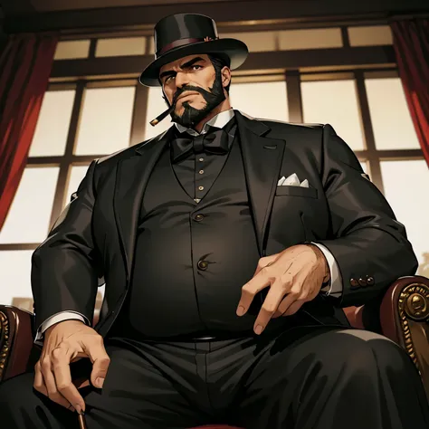 masterpiece, best quality, ultra-detailed, 1man, solo, mafia boss, black hair, black beard, thick beard, black fedora, black smo...